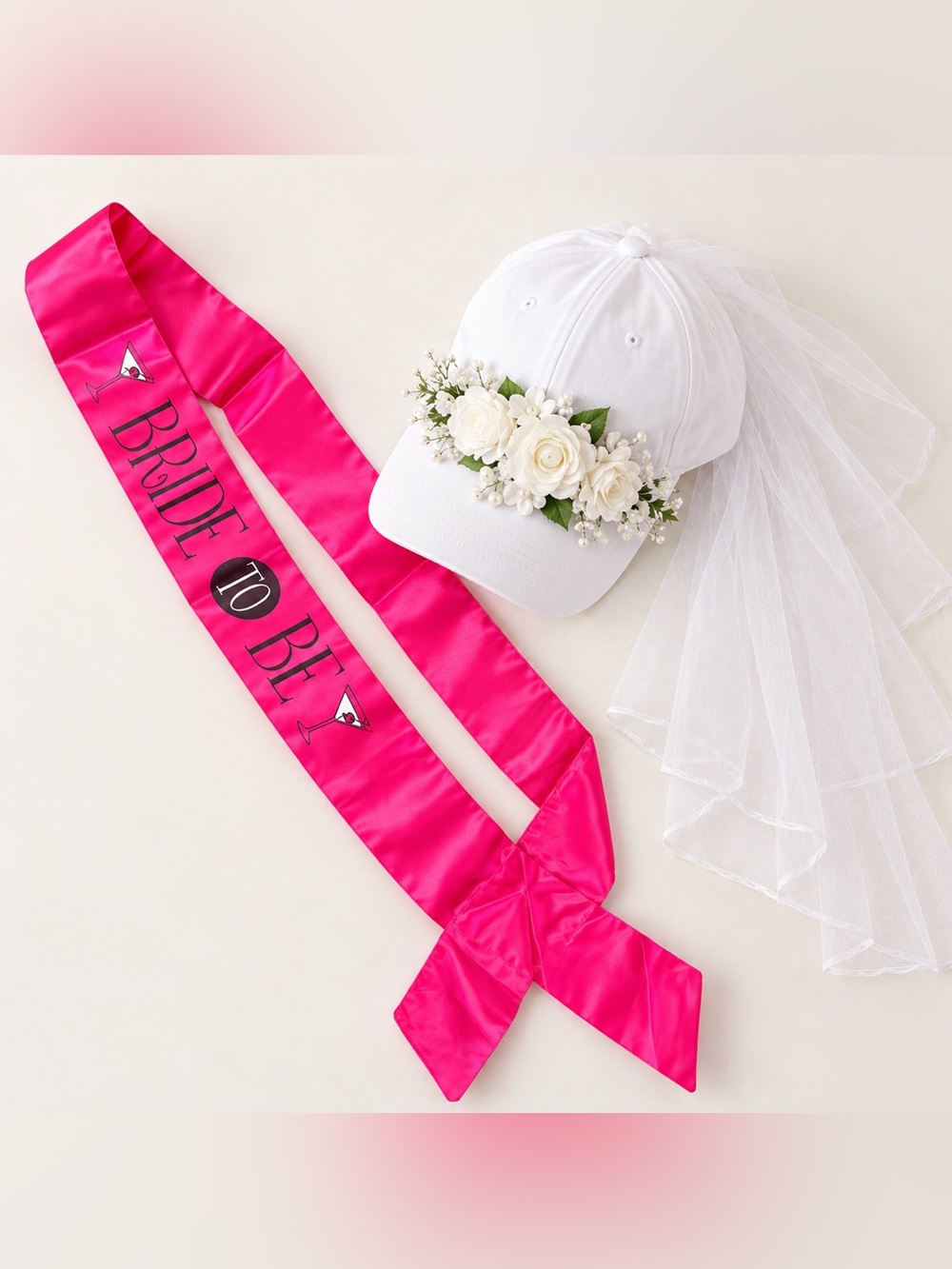 Bride to Be Pink Sash & Floral Veil Cap Bachelorette Set